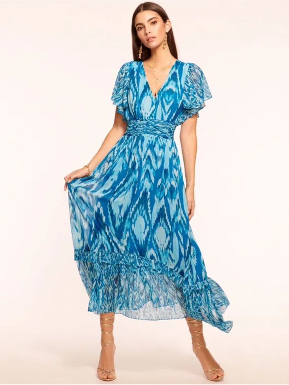 Ramy Brook Blue Ikat V-Neck Flutter Sleeve Maxi Dress